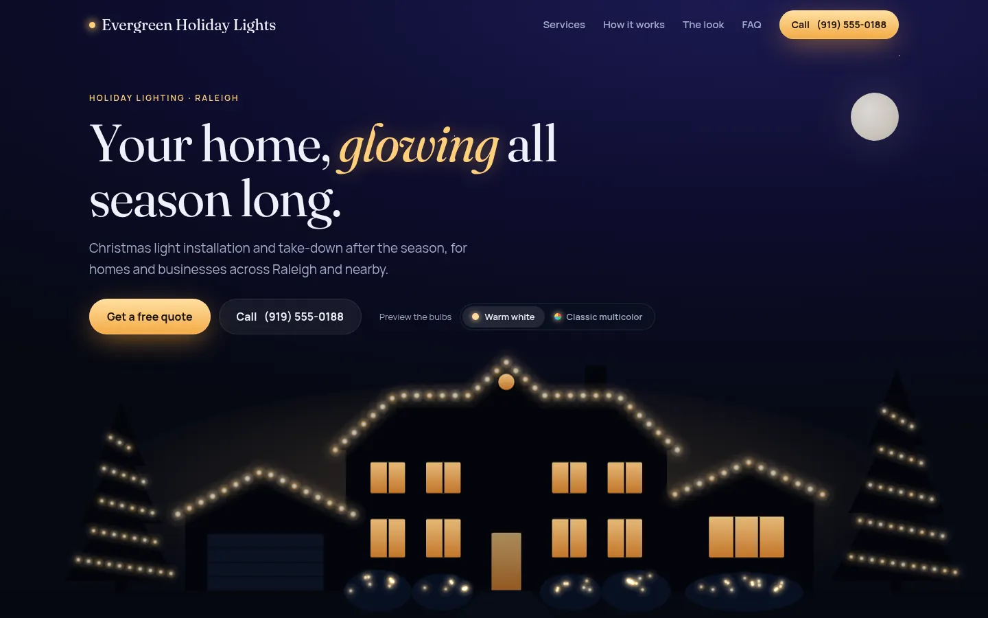 Lights design: homepage of Evergreen Holiday Lights, a fictional holiday lighting company