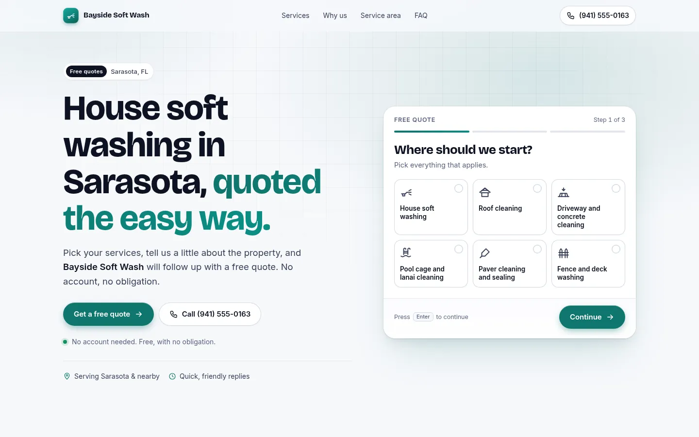 Quote design: homepage of Bayside Soft Wash, a fictional soft washing company